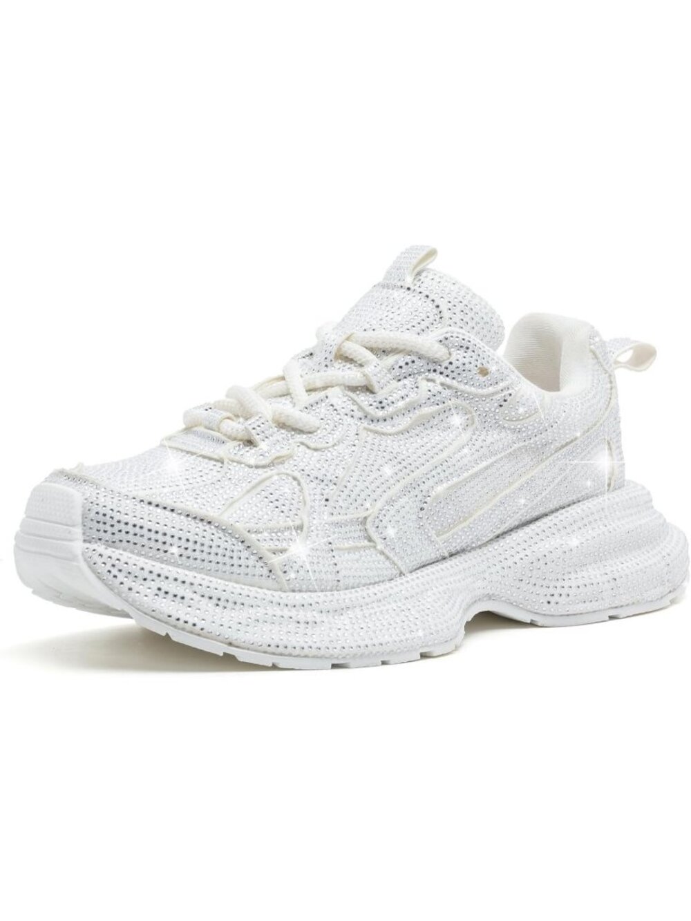 Women's White Fashion Bling Sparkly Walking Glitter Rhinestone Lace Up Sneakers